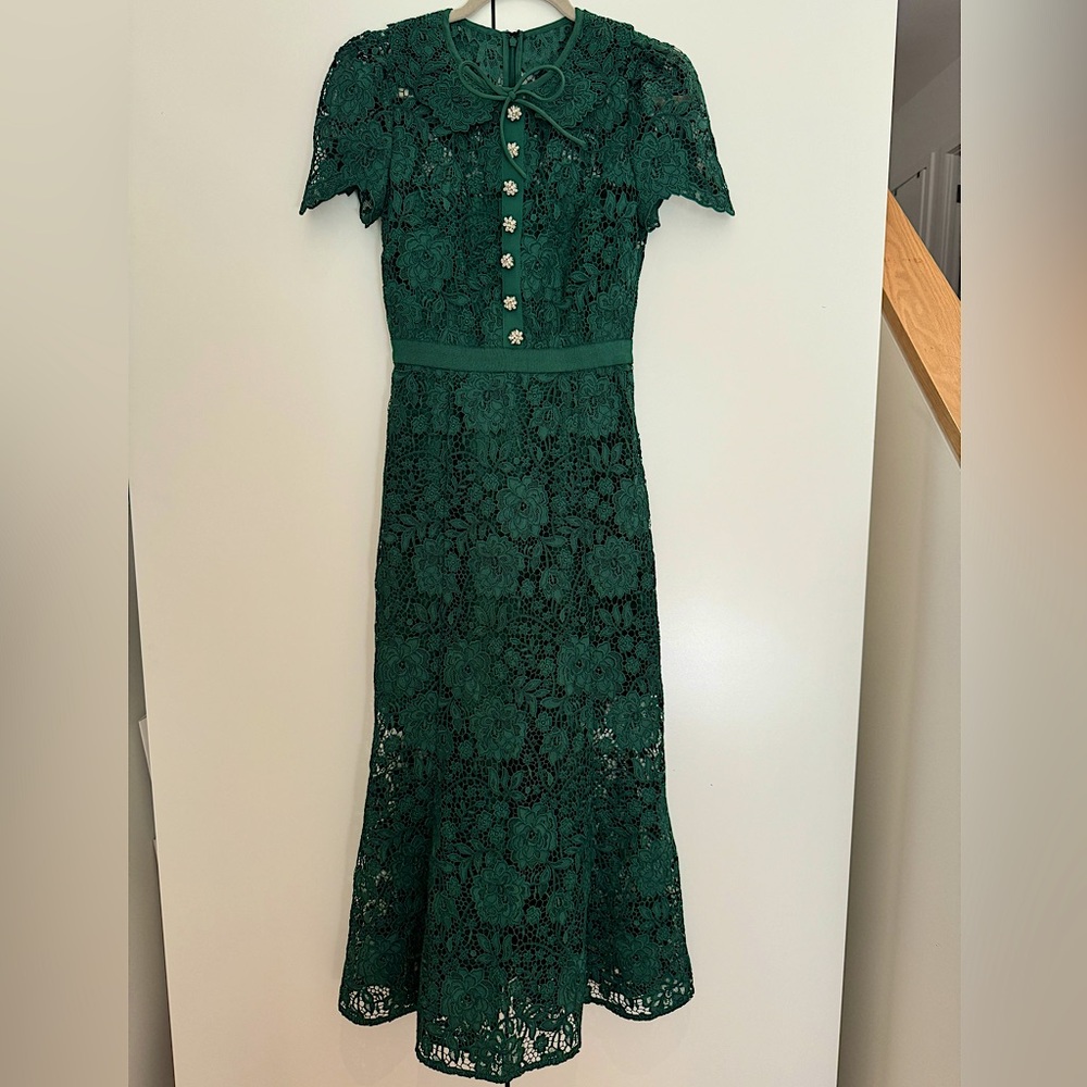 Self Portrait Green Cord Lace Midi Dress | Size 4